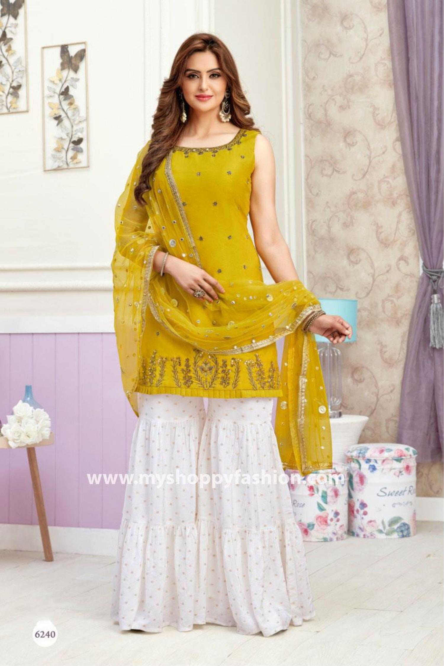 Yellow and White Color Combination Gharara Suit With Dupatta MY SHOPPY LADIES WEAR