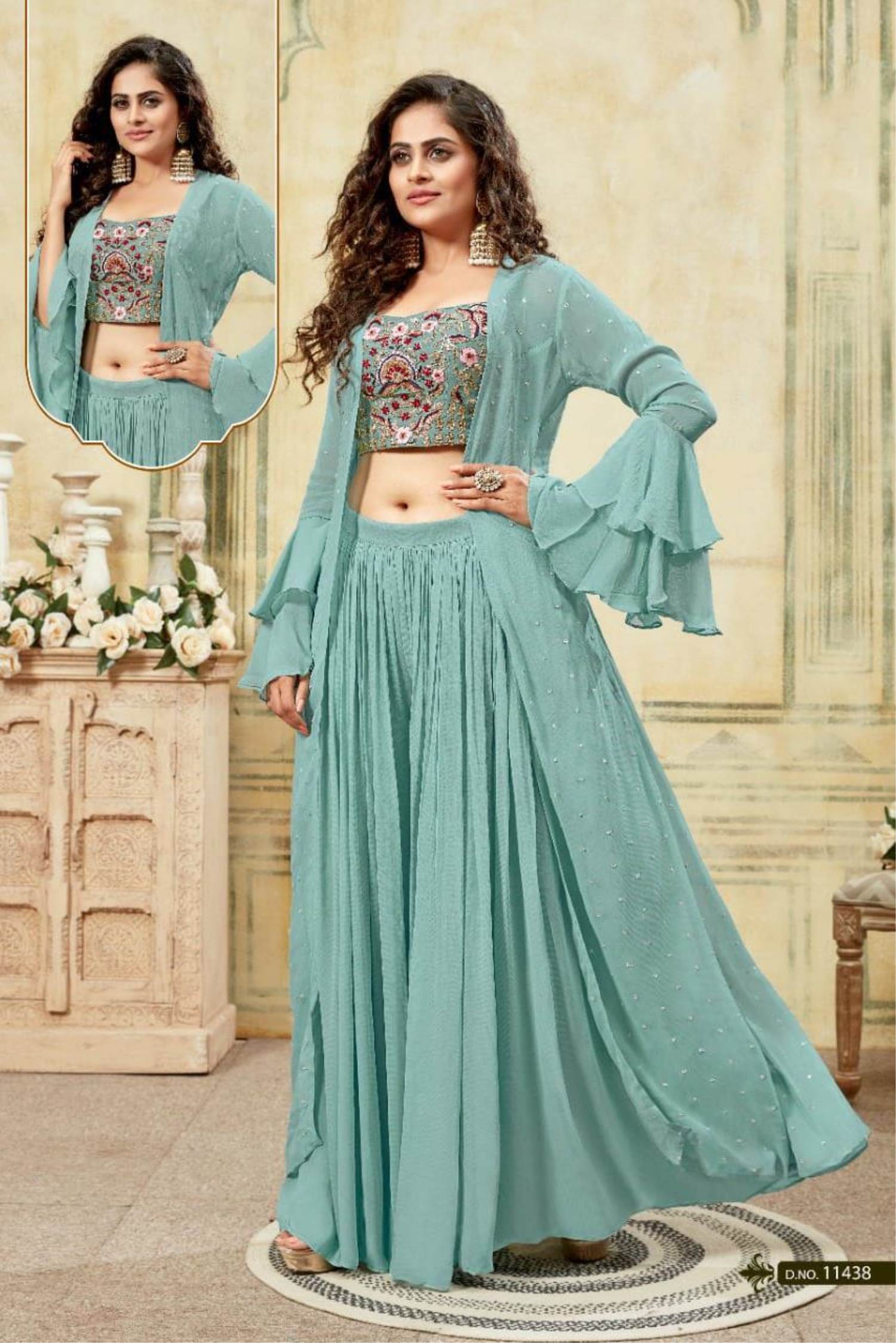 Grey Color Party Wear indo Western Plazo Suit With Koti :: MY SHOPPY LADIES  WEAR