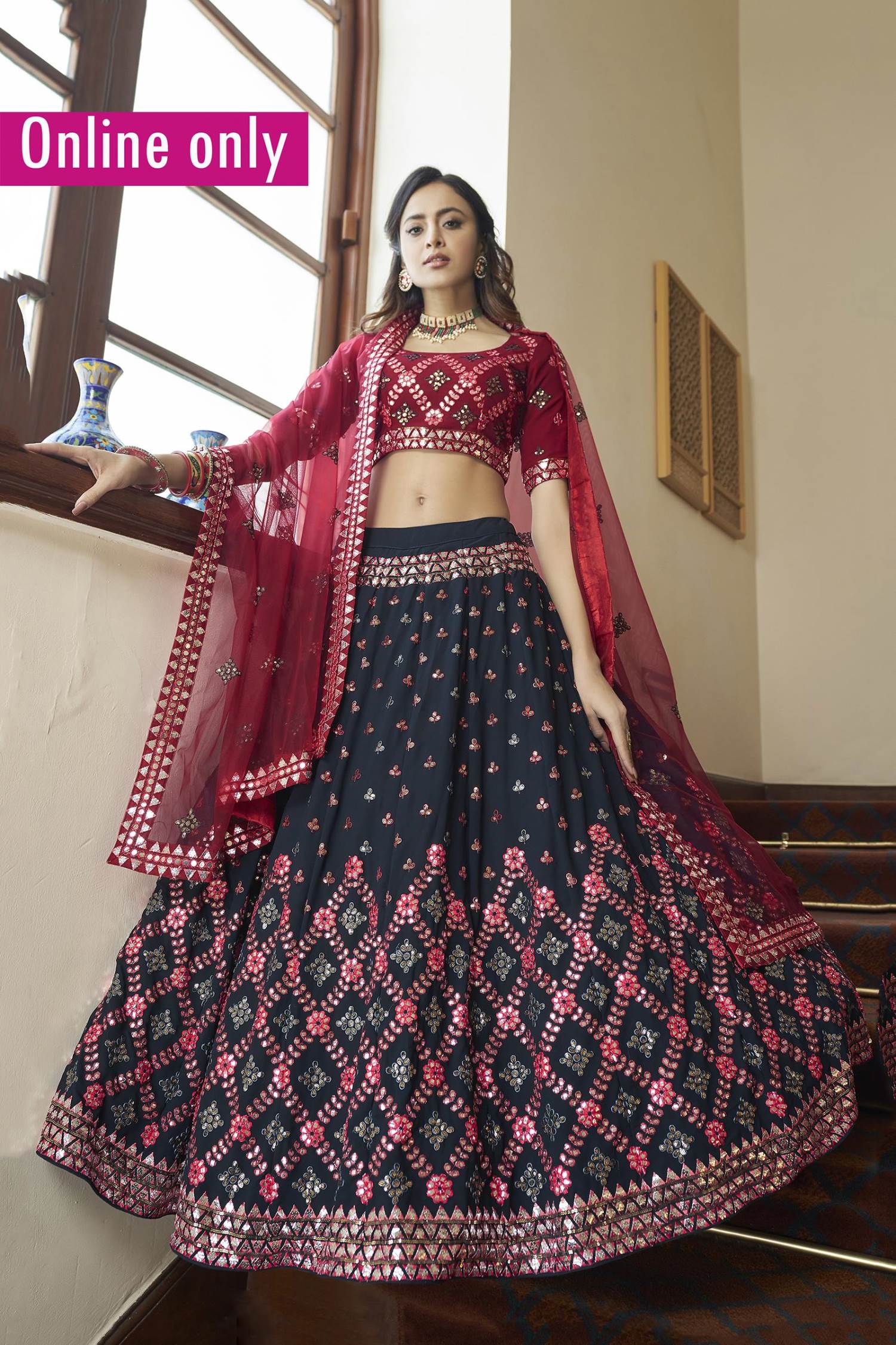 Exclusive maroon dress with sequence work all over and Ajrakh combinat –  Sujatra