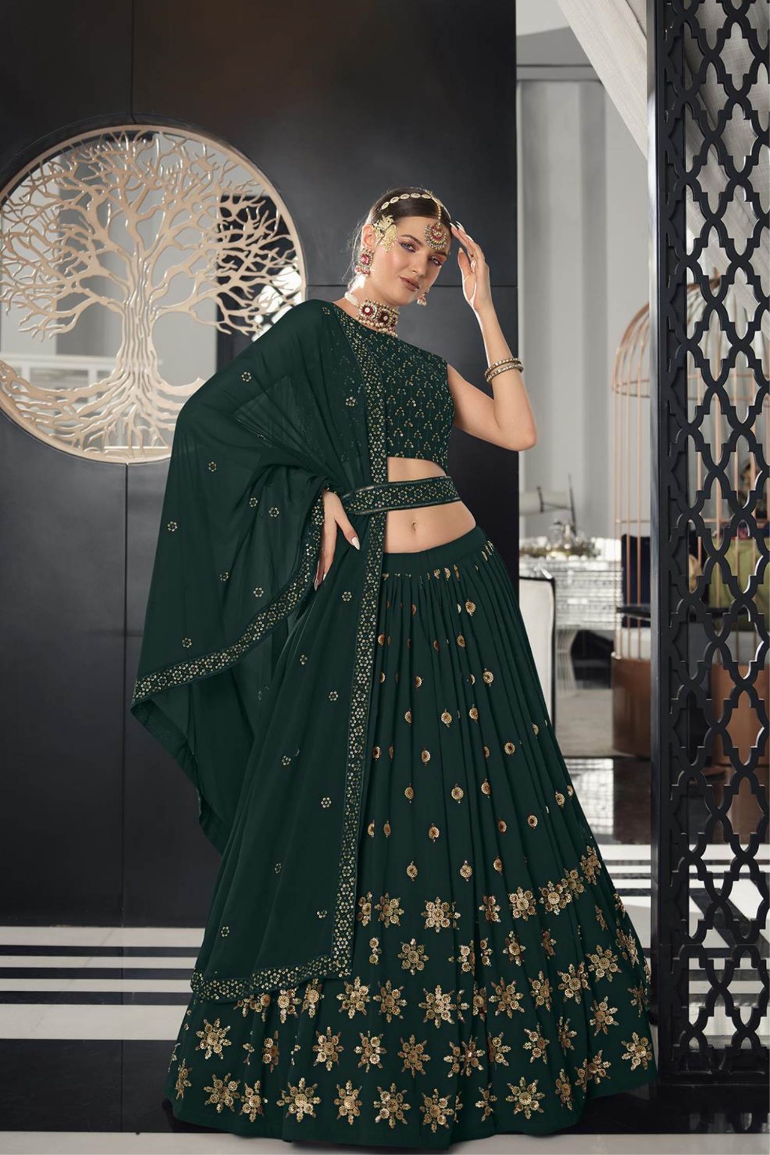 Dark Green Colored Georgette Party Wear Lehenga Choli