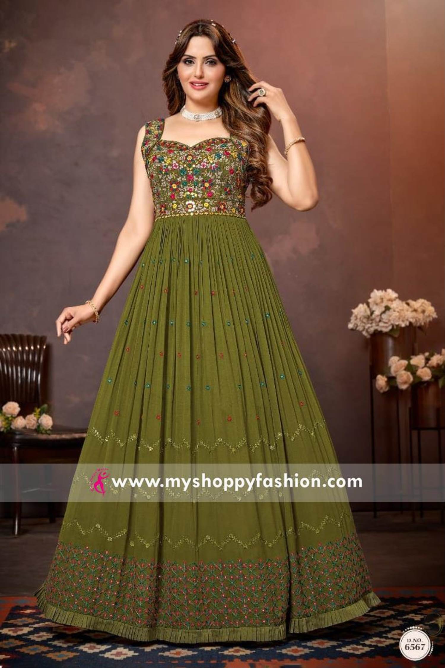 Long Dress Mehendi Green Color with Embroidered Work – Kalavasthra