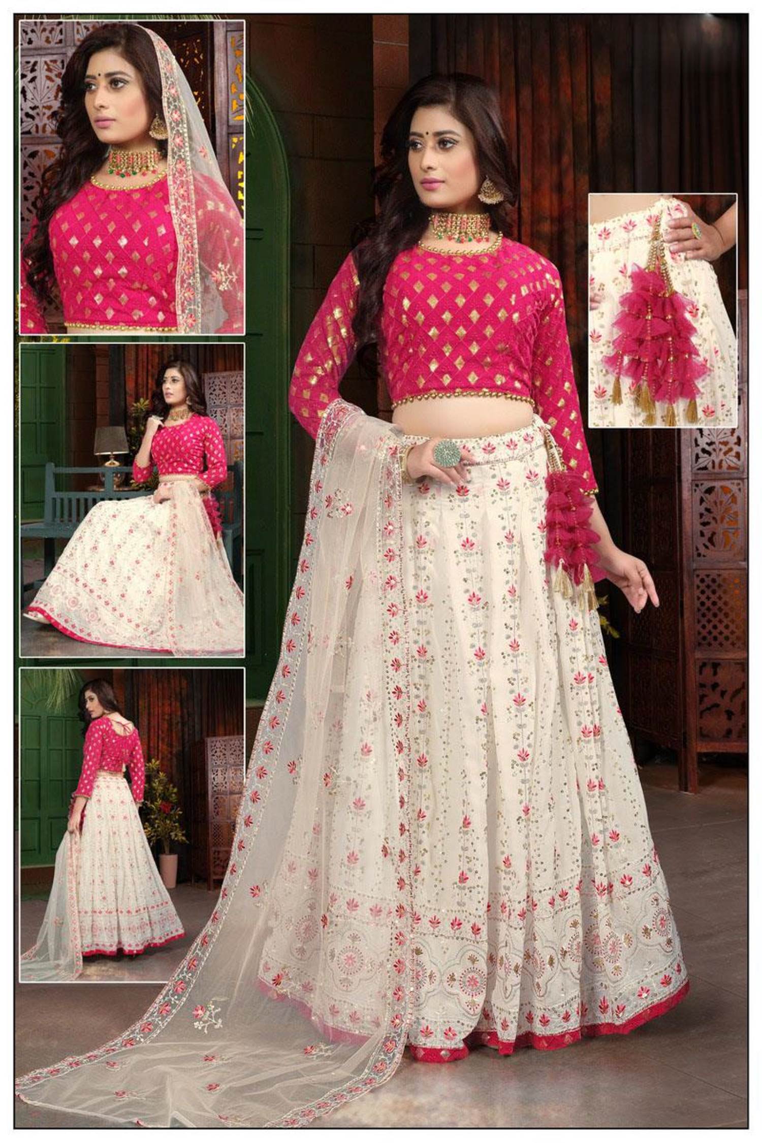 Amrutam Fab White & Pink Printed Semi-Stitched Lehenga & Unstitched Blouse  With Dupatta - Absolutely Desi