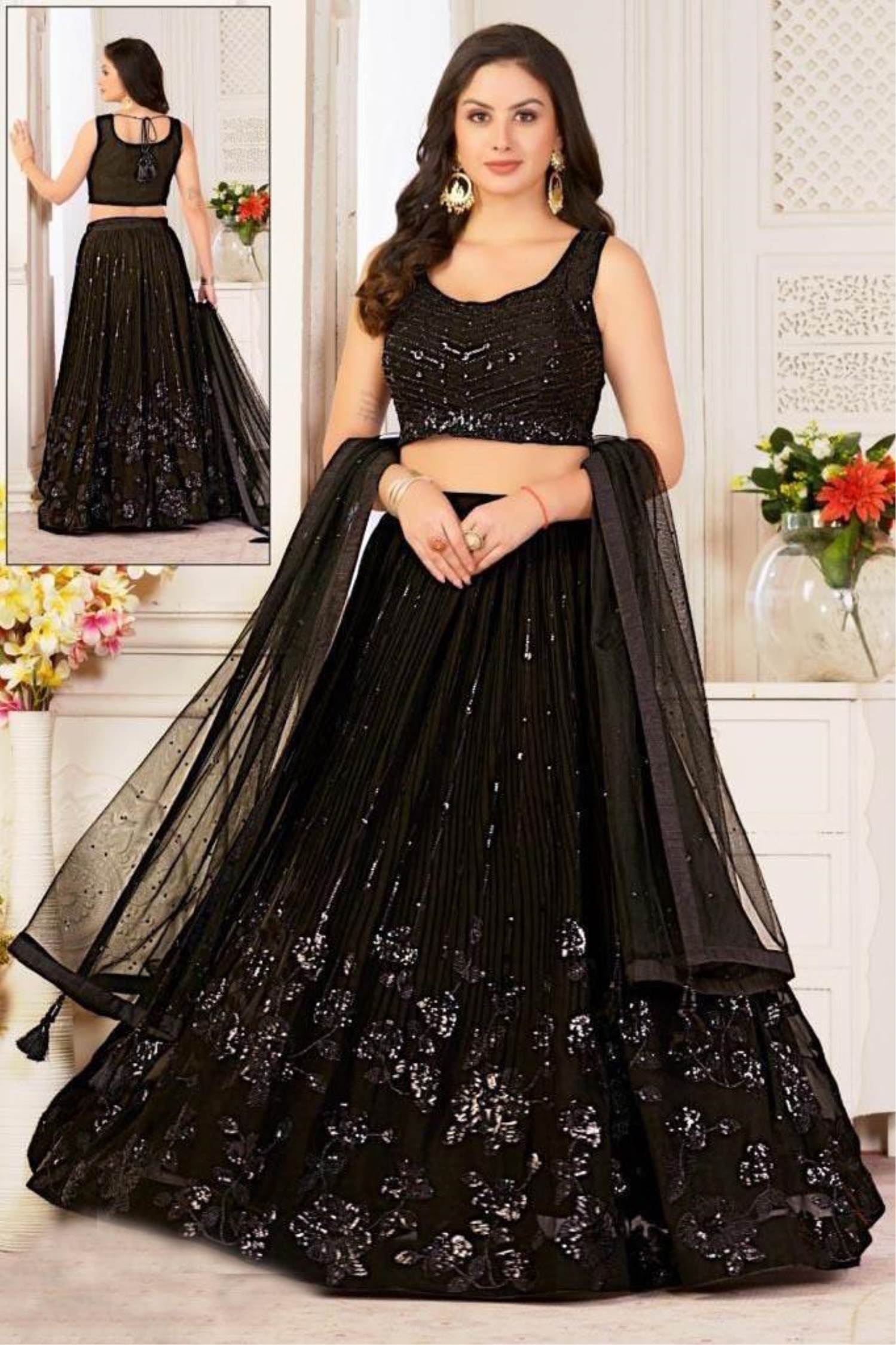 Buy Designer Black Color Mono Net Fabric Lehenga Choli Online - LEHV2711 |  Appelle Fashion