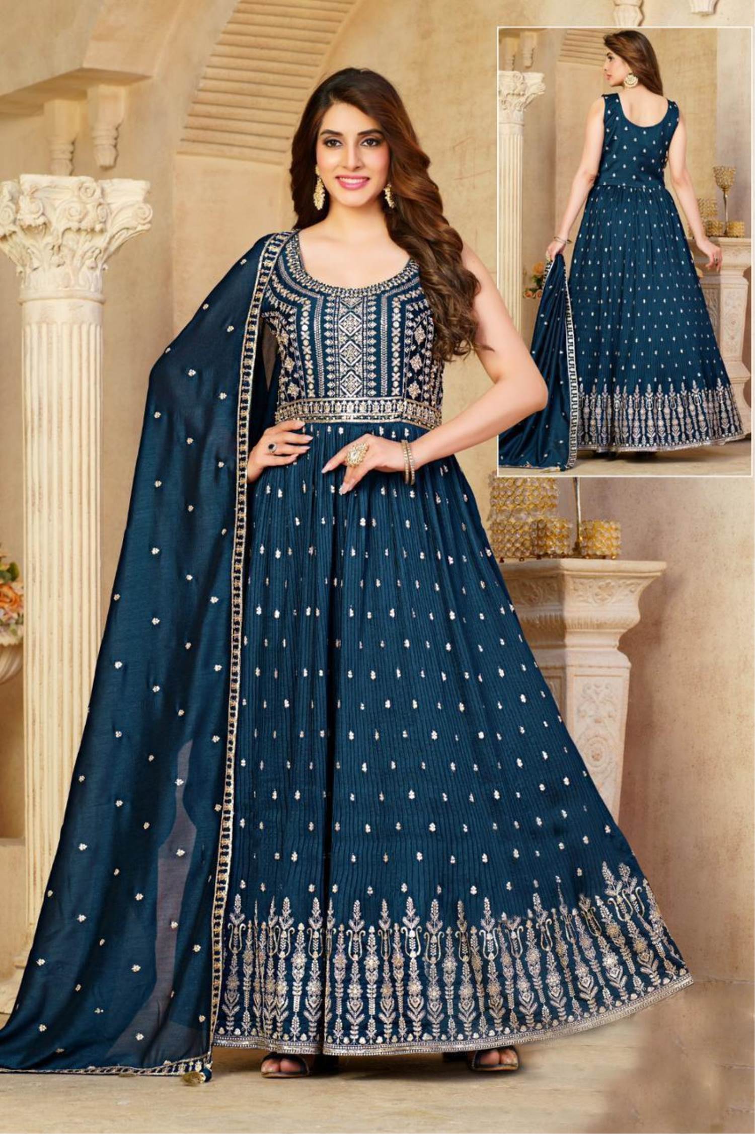 Latest Dark Blue Color Designer Heavy Embroidered Gown