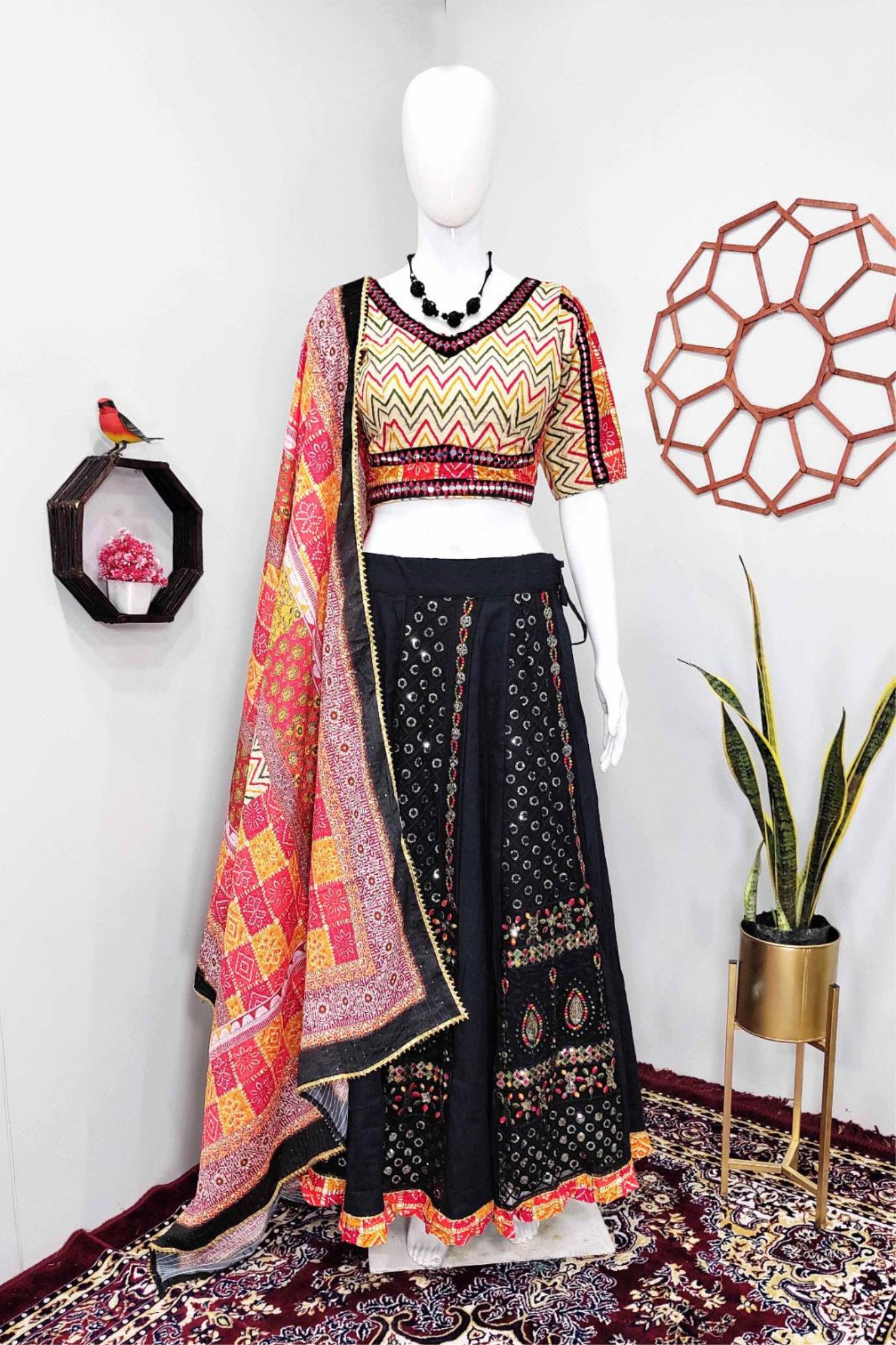 Black Panihari Navratri Lehenga Choli (garba special ghagra choli) cotton  fabric, black and multi color, kutchi mirror & foil print lace - Lotus Lehenga  Choli