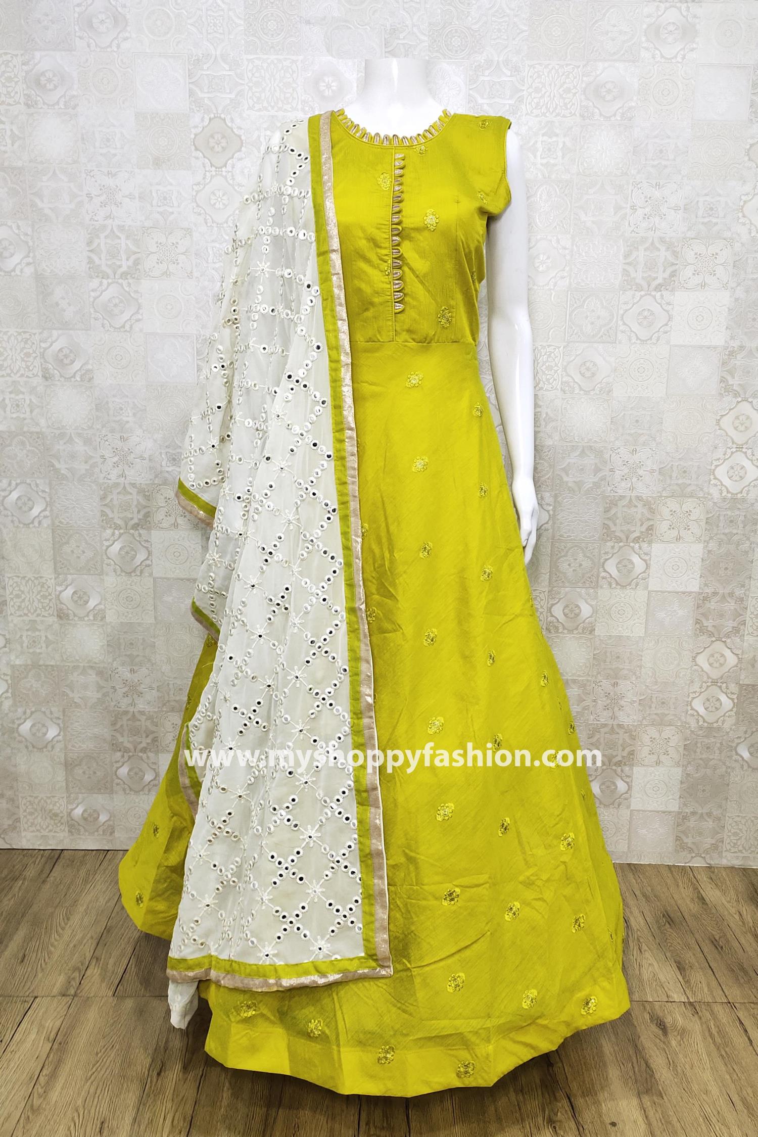 Yellow Color Party Wear Gown With Mirror Work Dupatta :: MY SHOPPY ...