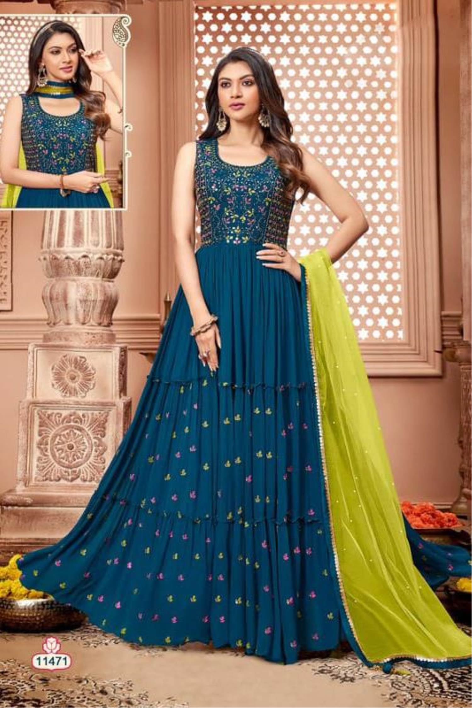 Buy Best Price Georgette Peacock Blue Festival Wear Embroidered Gown  LSTV123570