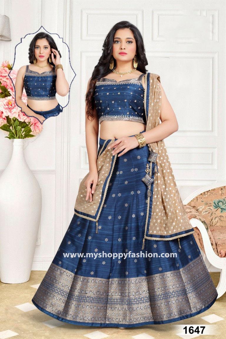 Shop Online Blue and Silver Embroidered Brocade Lehenga with Dupatta – Pure  Elegance