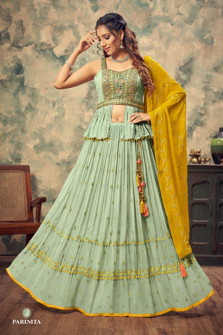 RE - Light pista Nylon Net Embroidered Lehenga Choli - Bridal Lehengas -  Lehengas - Indian