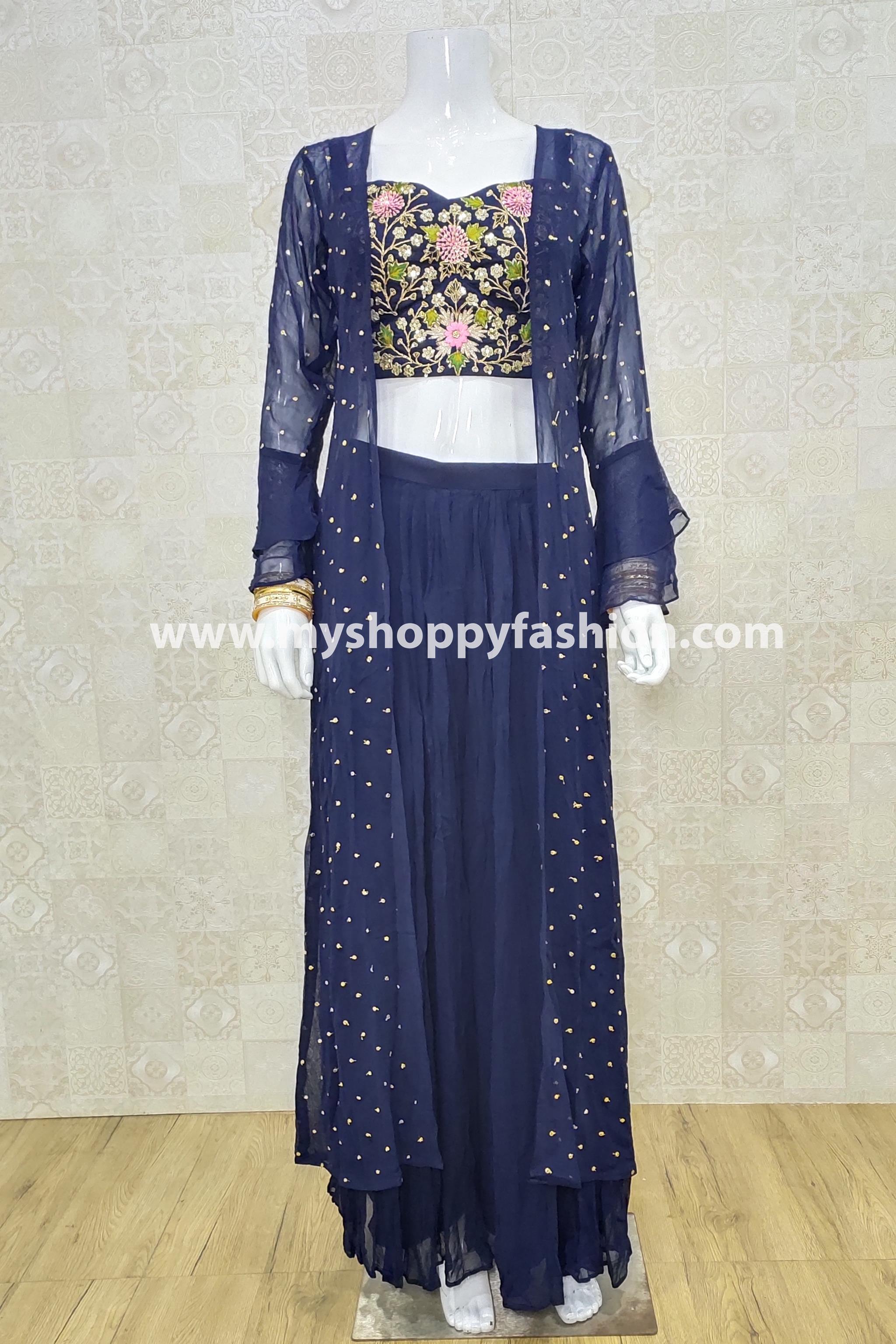 Blue And Grey Embroidered Jacket Style Palazzo Suit Set | Indian outfits,  Palazzo suit, Jacket style