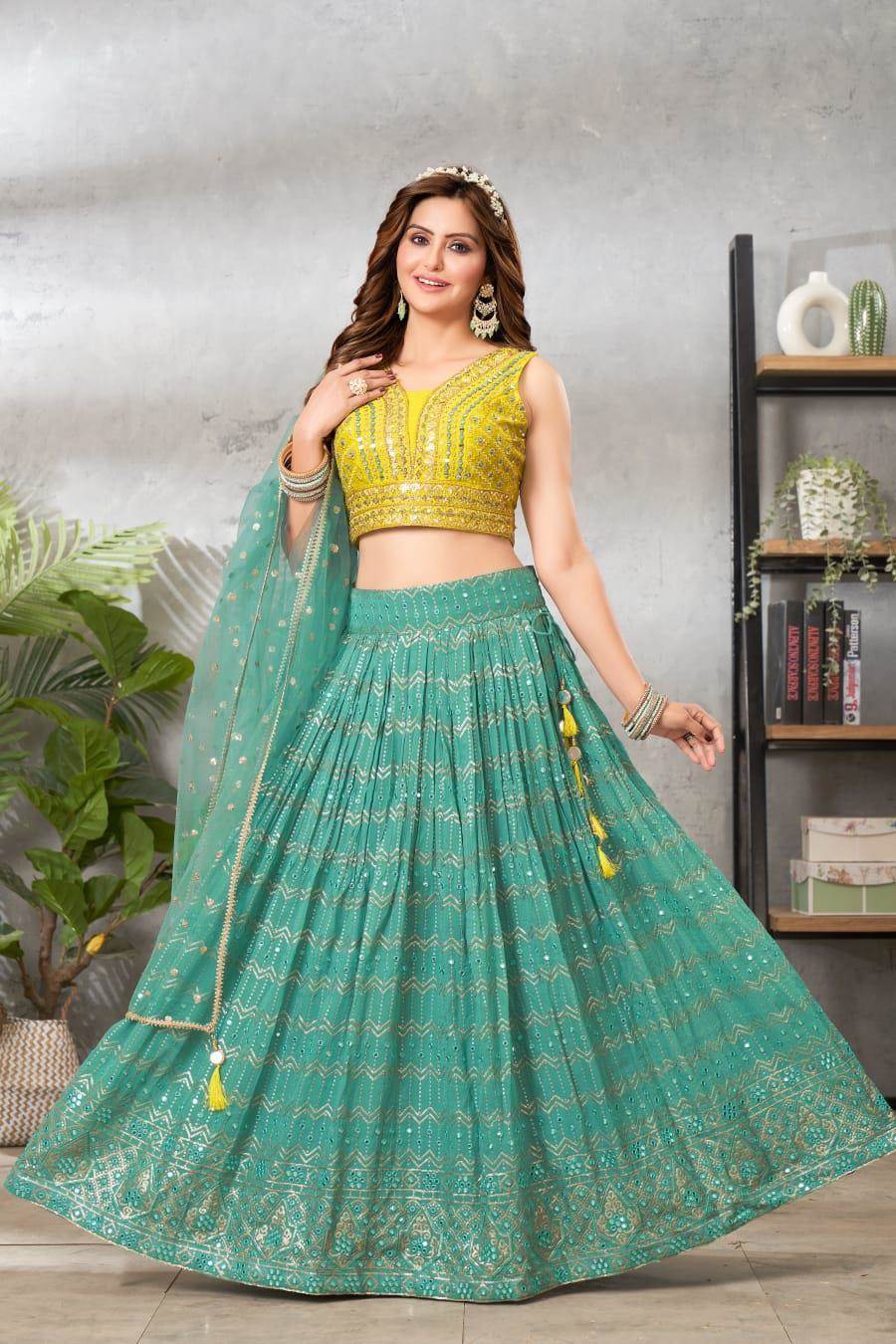 Buy Green Gota and Thread Embroidered Raw Silk Base Lehenga And Blouse With  Net Dupatta by Designer SHYAM NARAYAN PRASAD Online at Ogaan.com