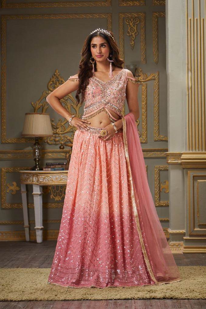 Peach and Dust Green Lehenga - Priti Sahni