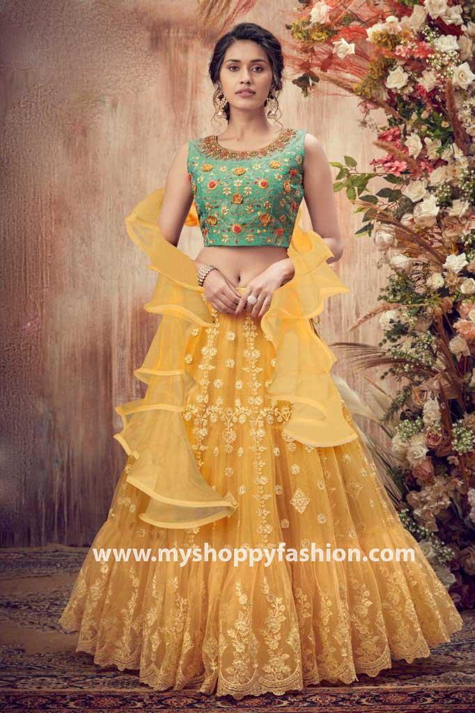 Buy FUSIONIC Charming yellow color georgette base foil mirror work lehenga  For Women at Amazon.in