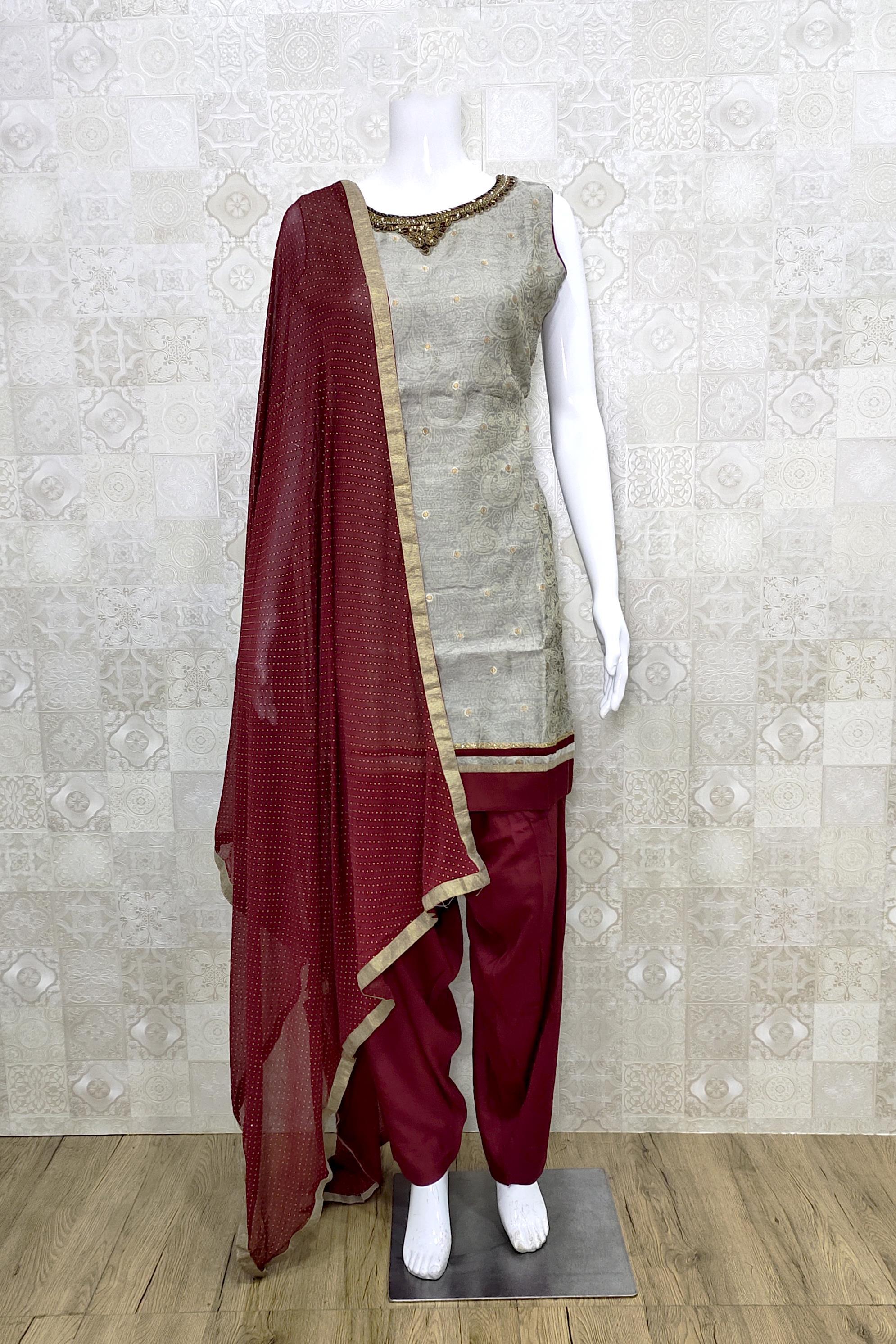 All time Black and grey color combination boat neck embroidered salwar suit  with leaves design..