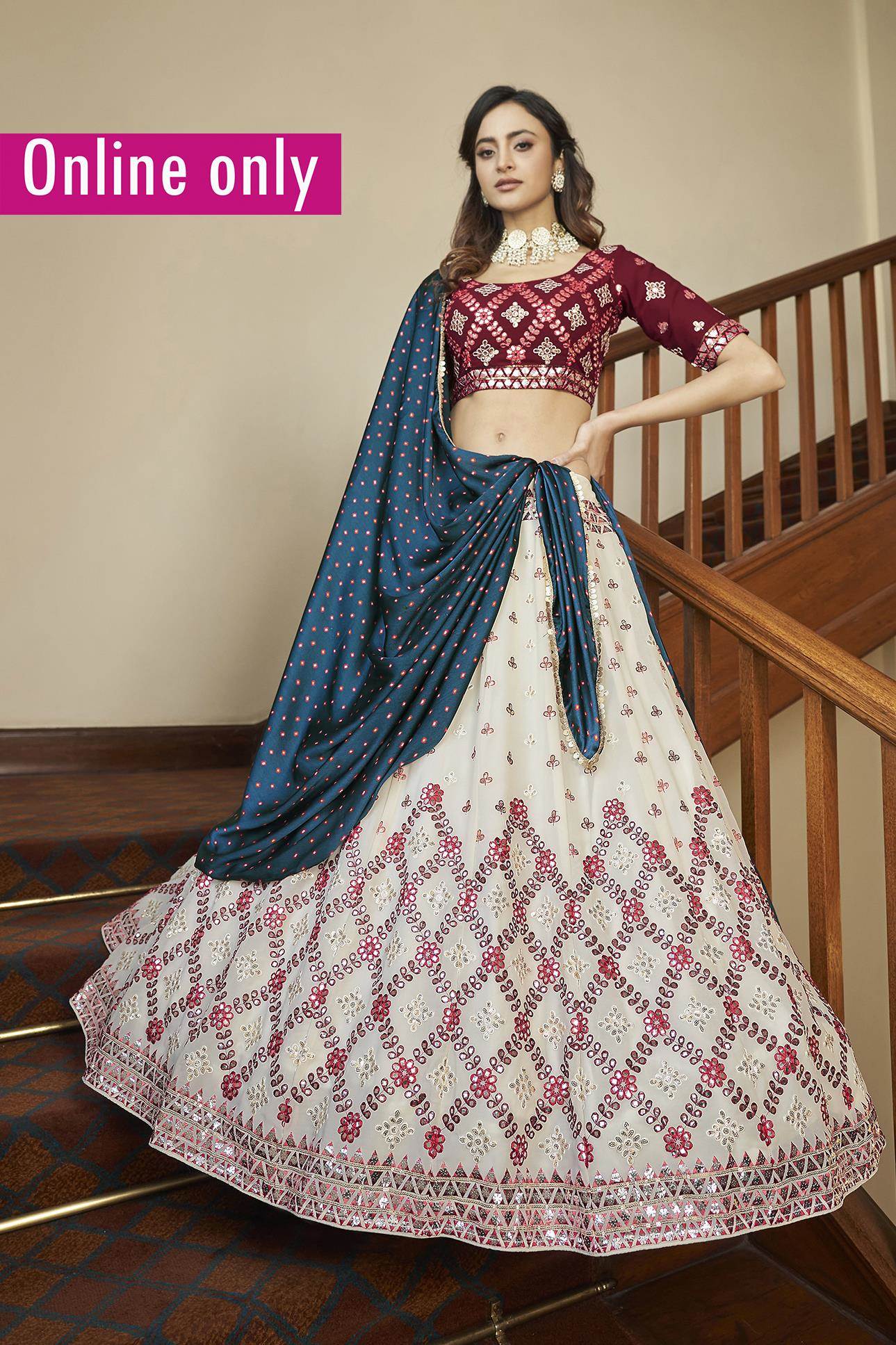 Latest Best Floral Lehenga Skyblue with Off White Combination