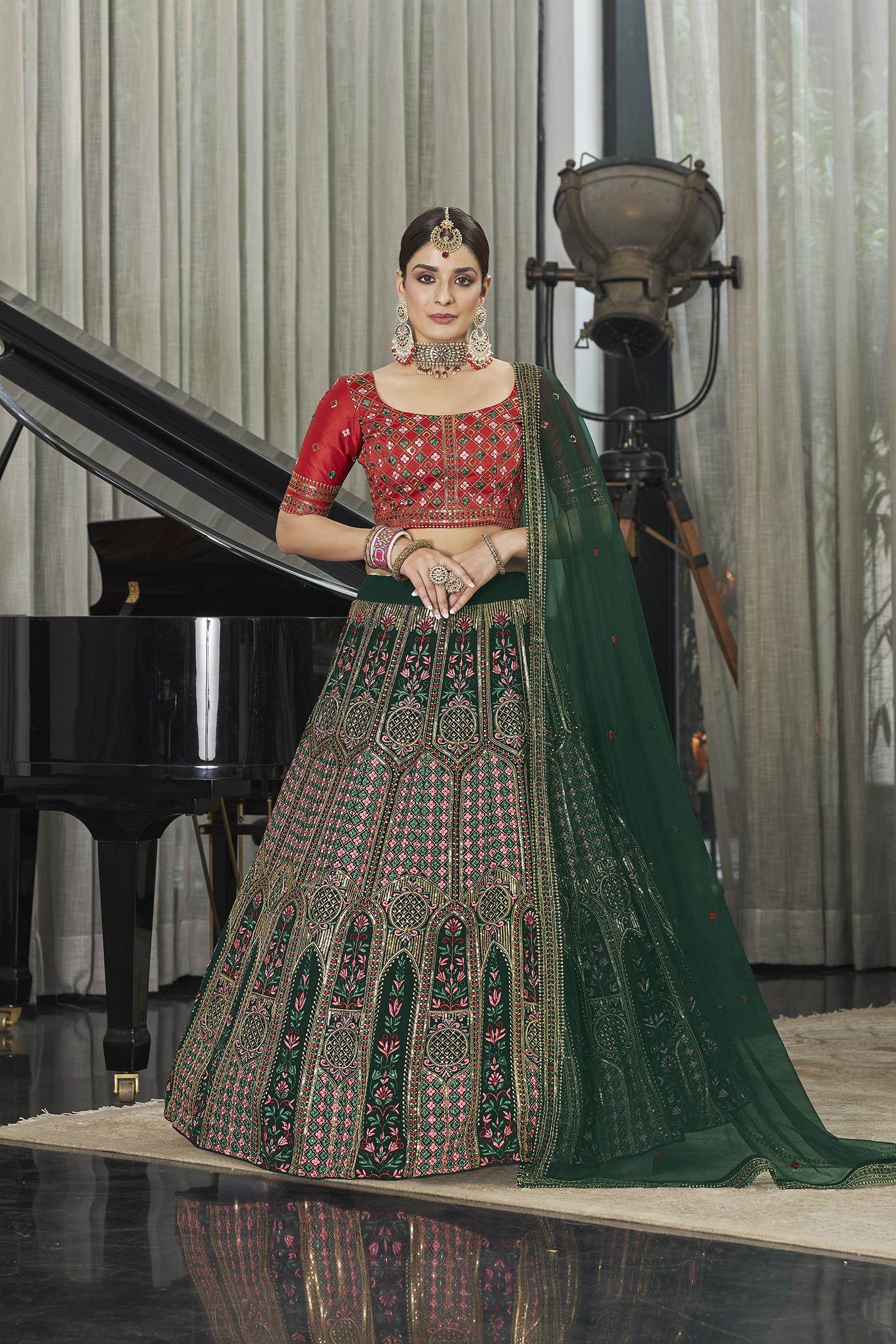 A- Line Silk Exclusive Red - Green Designer Bridal Lehenga Choli With Red  Dupatta, Size: Free Size at Rs 6799 in Surat