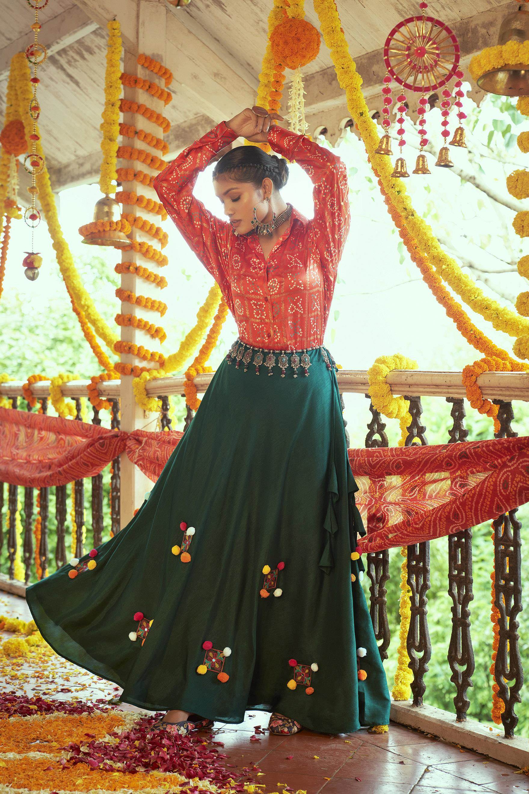 Green and Red Color Designer Navratri Skirt- Top :: MY SHOPPY LADIES WEAR
