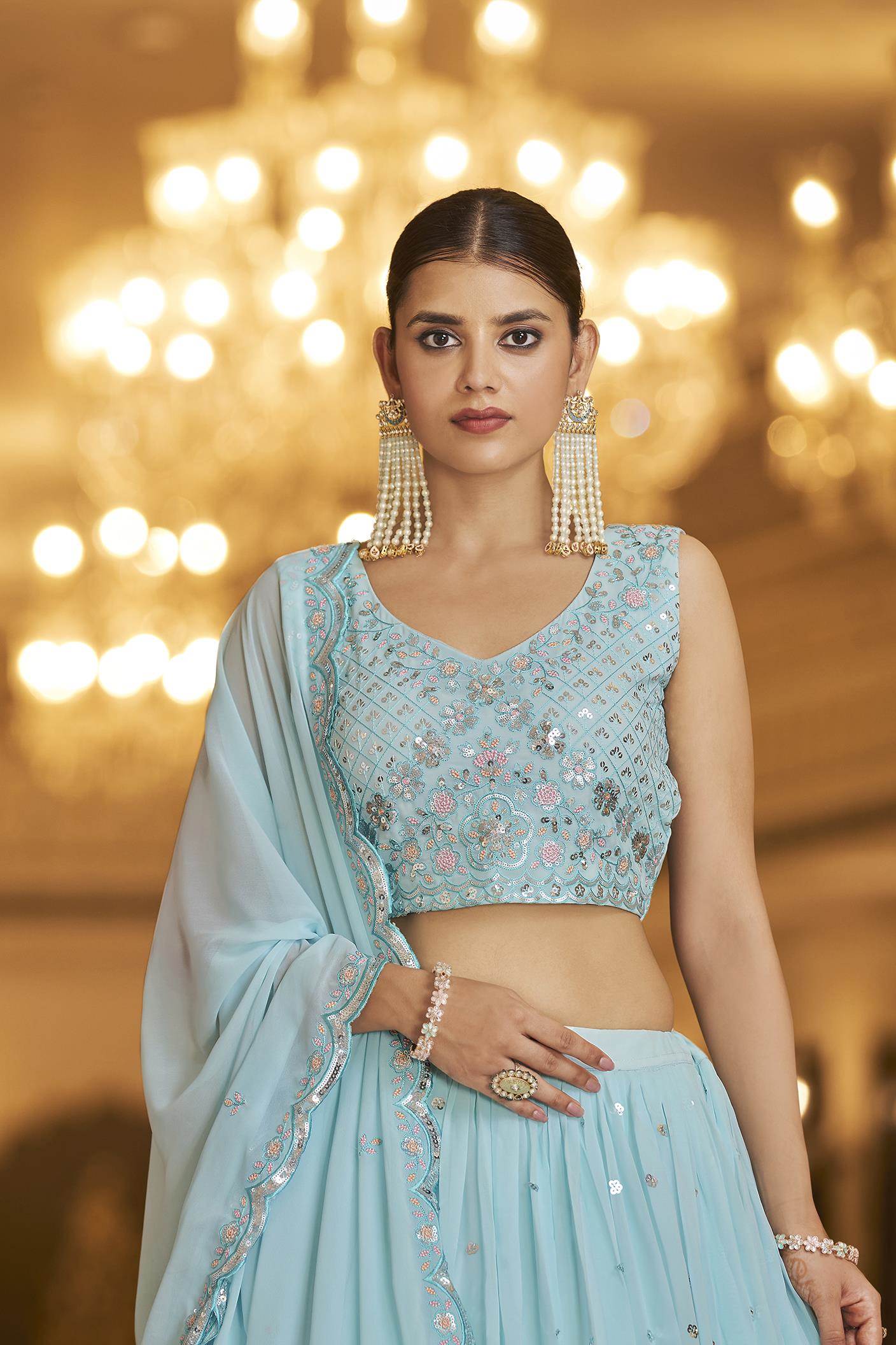 Grey and Teal Blue Silk Embroidered Lehenga Choli