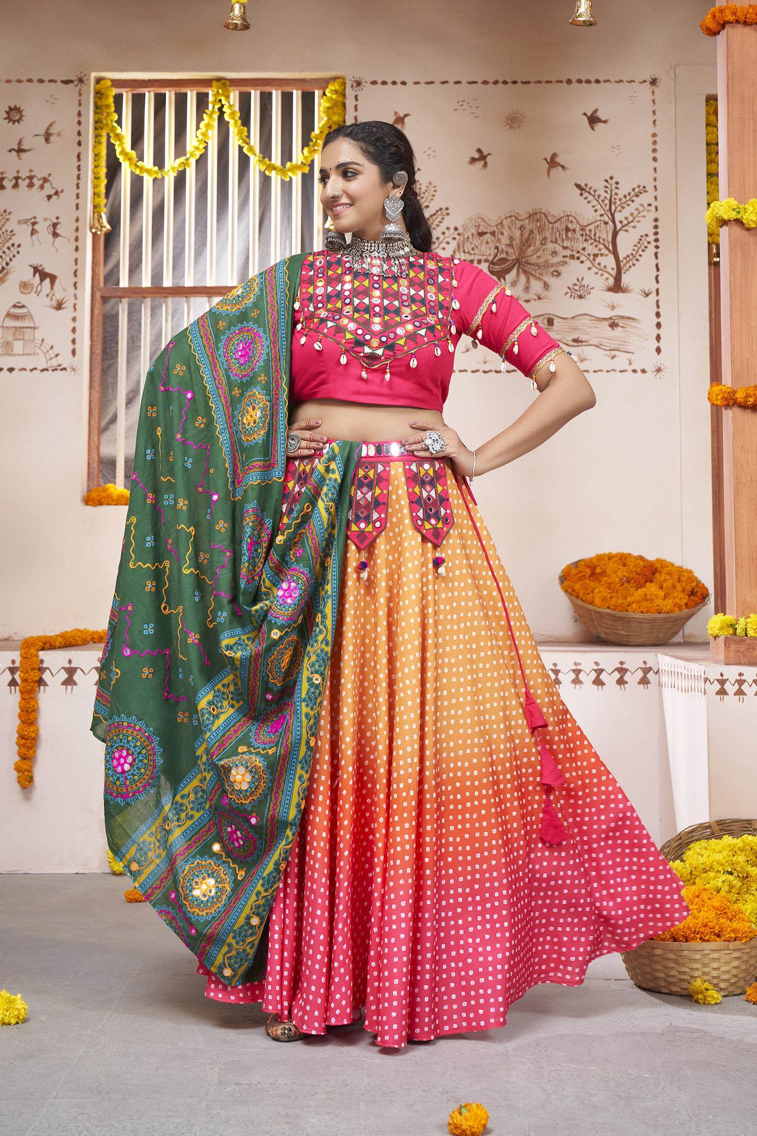 Yellow and Red Combination Party Wear Lehenga Choli With Green Koti :: MY  SHOPPY LADIES WEAR
