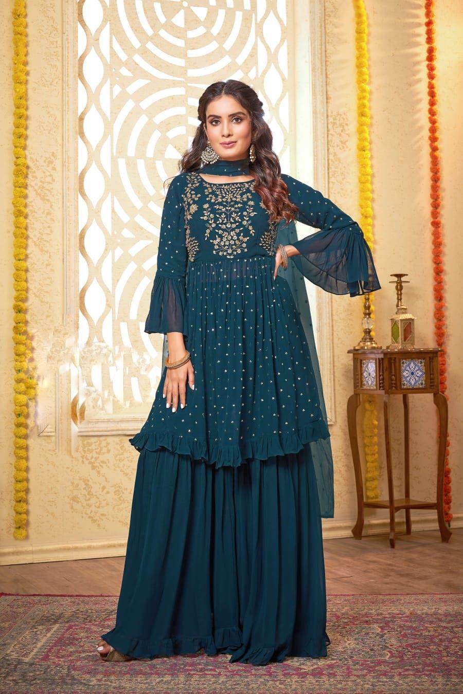 Peacock Blue Color Party Wear Indo Western Plazo Suit MY SHOPPY LADIES WEAR