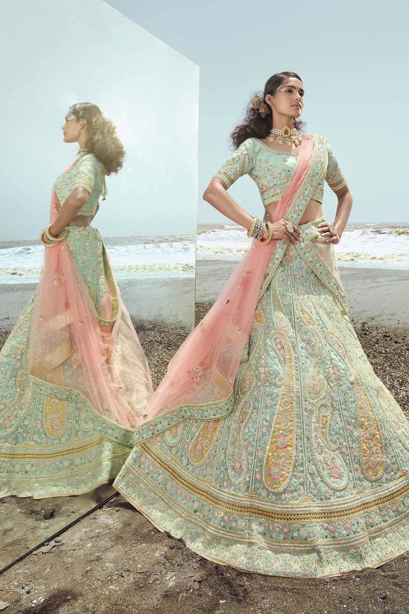 Turquoise Blue and Pink Embroidered Semi-stitched Lehenga & Unstitched  Blouse With Dupatta - Etsy