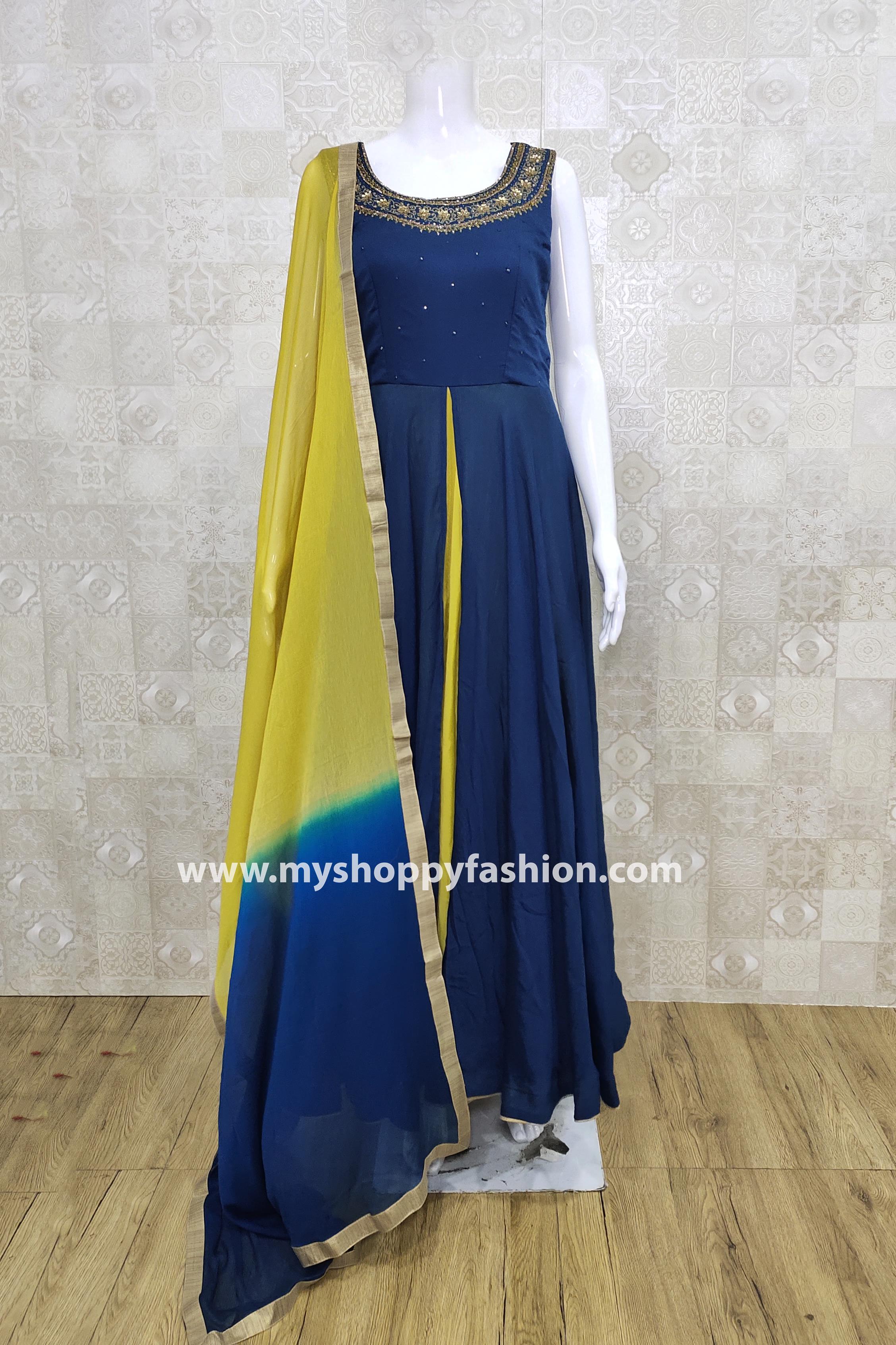 Blue & Yellow Blue & Yellow Embroidered Evening Gown by STUDIO 41 JAIPUR  for rent online | FLYROBE