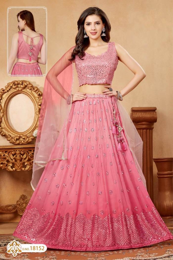 Off White Crop Top with Baby Pink Floral Print Lehenga