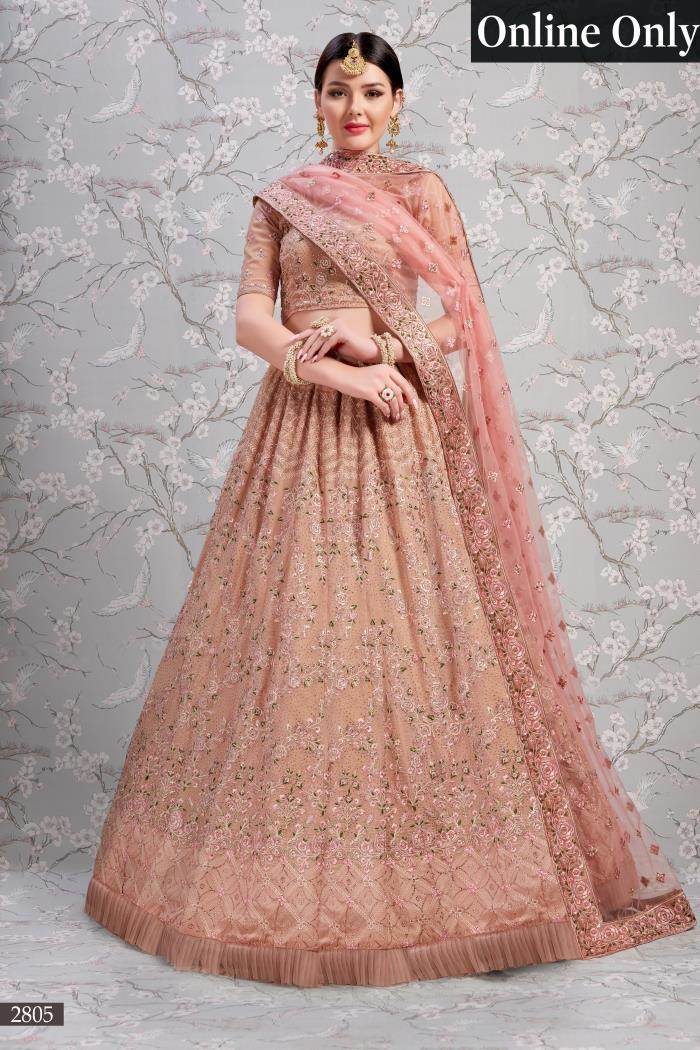 Peach-Pink Dual Tone Thared-Sequins Embroidered Butti Motif Silk Lehenga  Choli With Fancy Net Dupatta | Exotic India Art